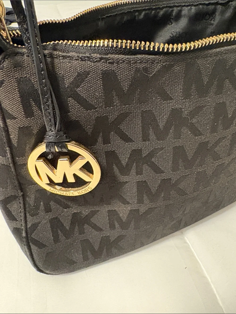 Michael Kors Black MK Logo Shoulder Bag with Gold Accent Charm